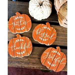 Wooden Coasters. Thankful, Gather, Blessed, Grateful. Autumn Thanksgiving Décor.